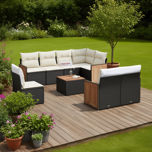 Ensemble de canapés de jardin en rotin PE noir 6 places avec housses amovibles, mobilier d'extérieur au design contemporain, panneaux en teck - Product Image 2