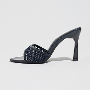 Mules élégantes pour femmes à talon haut, dos nu, bleu foncé, avec lanière en maille ajourée, bordure vernie brillante, bout carré ouvert, talon fin et angulaire - Product Image 5