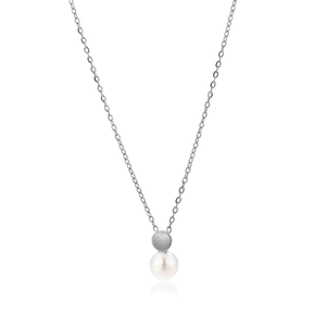 Amy Amy Faux Pearl Pendant Necklace 925 <b>Silver</b> Rhodium Plated Round White Minimalist Everyday Wear <b>Snake</b> <b>Chain</b> Jewelry for Women - Product Image 3