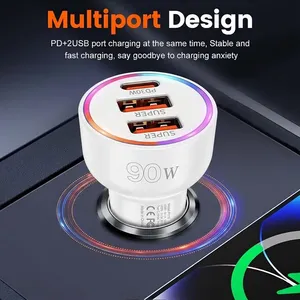 อะแดปเตอร์ชาร์จในรถยนต์ 90W พร้อมไฟ LED หลากสี 3 พอร์ต USB C PD 30W และ QC 3.0 ชาร์จเร็ว สำหรับรถยนต์ 12-24V สำหรับ iPhone - Product Image 2