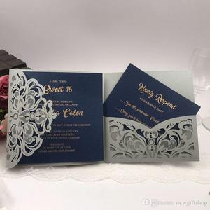 Grazioso taglio floreale Laser blu <span class=keywords><strong>Navy</strong></span> e argento Tri piega cartella tascabile inviti di nozze