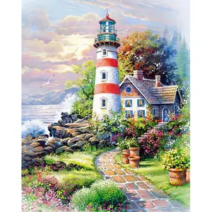 Wholesale Custom Landscape Diamond Painting Lighthouse Seaside Garden Cottage Full Drills Canvas Art Diamond Painting