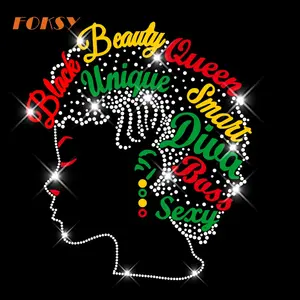 Custom Afro Girl Black Beauty Queen Motif Hotfix Rhinestone Iron On Transfer For Clothing