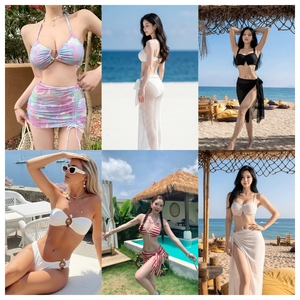 Factory Supply Women 3 Piece Bikini Set Bandeau Top Tie Side Bottom Floral Print Ruched Stretch <b>Swimwear</b> With <b>Skirt</b> - Product Image 4