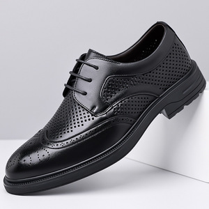 Chaussures habillées Oxford pour hommes en cuir véritable, à bout pointu, avec doublure en maille respirante, pour l'été, le bureau et la carrière, à lacets, noires - Product Image 1
