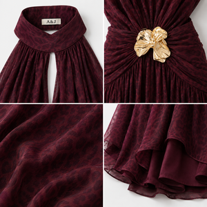 Robe de soirée longue dos nu A&J pour femme avec broche florale métallique, découpes latérales et jupe drapée froncée – Design sur mesure GRS - Product Image 2