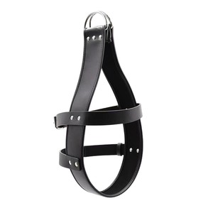 Restraint Hood <b>Black</b> Leather Head <b>Harness</b> For Adult Use With Hanging Ring Suspension - Product Image 5