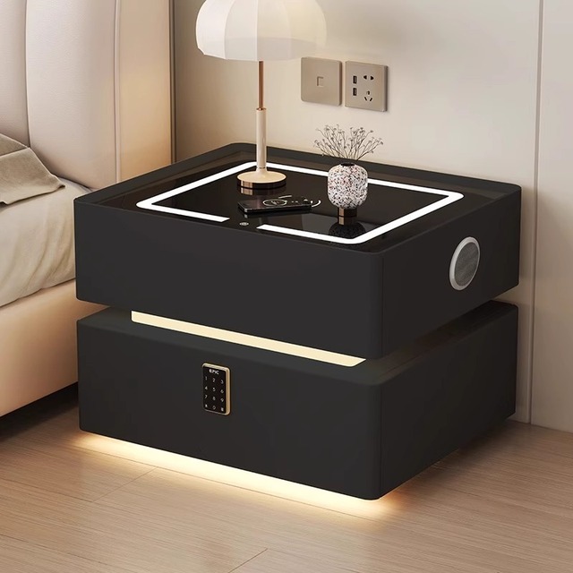 Modern Luxury Floating Bedside Table, Multi-functional Wireless Charging, Solid Wood Rock Board Bedroom Storage Cabinet
