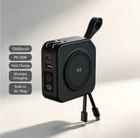 Batterie externe portable de voyage 10000 mAh avec adaptateur secteur pliable intégré, chargeur sans fil PD 20W à charge rapide et câble Type-C intégré