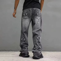 Jean baggy noir en denim de haute qualité pour homme, style streetwear, avec logo brodé personnalisé Monkey Wash, coupe large et jambe large