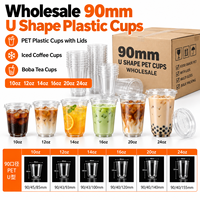 Gobelets en plastique PET en gros, 90 mm, en forme de U, à paroi simple, avec poignée, 10oz, 12oz, 14oz, 16oz, 20oz, 24oz, avec couvercles, pour café glacé et thé Boba