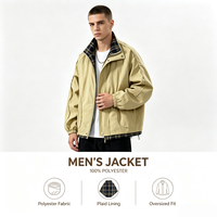 Veste décontractée pour homme en polyester kaki, coupe oversize, col montant, doublure à carreaux, ourlet à poches plaquées, épaules tombantes, poignets élastiques