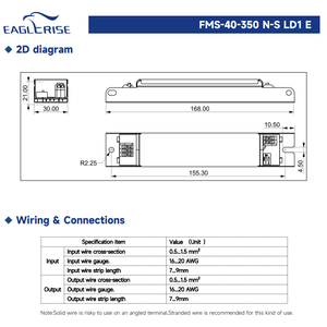 ไดรเวอร์ LED กระแสคงที่แบบ Linear Eaglerise FMS-40-350 N-S LD1 E 40W 350mA 25-200V แรงดันขาออกกว้าง ป้องกันการกระพริบ ค่า PF สูง - Product Image 3