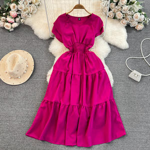 Robe d'été à col plissé de Style doux français Tunique vintage Robe midi plissée pour femmes Robe en dentelle <span class=keywords><strong>Empire</strong></span> avec motif solide - Product Image 4