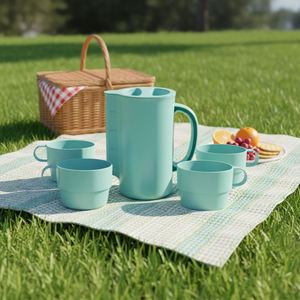 Portable <b>Plastic</b> 800Ml Drink Cup With 4 Pcs of 7Oz Water Pitcher Mug <b>Set</b> for Picnics Camping Travel - Product Image 1