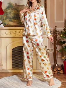 <span class=keywords><strong>Pigiama</strong></span> da <span class=keywords><strong>donna</strong></span> all'ingrosso con colletto lungo, set loungewear due pezzi in raso liscio stampato con motivo carino - Product Image 6