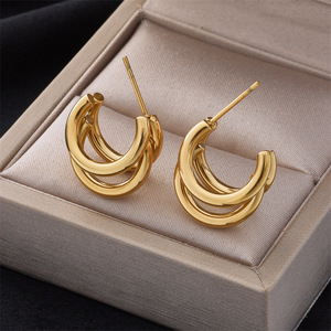 C-Shaped Multi Layered <b>Huggie</b> Earrings Gold Stainless Steel Geometric Design Unisex Fashion Jewelry - Product Image 1