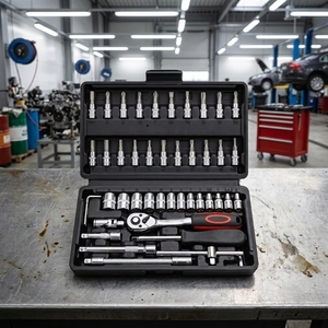 46-Pieces 1/4 Inch Drive <b>Socket</b> <b>Ratchet</b> Wrench Set Metric Bit <b>Socket</b> Extension Bar Tools Case Pack Auto Hardware - Product Image 1