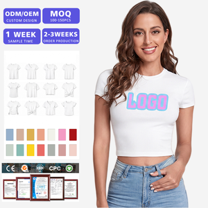 T-shirt court en coton pour femme avec logo personnalisé, manches courtes, col rond, coupe ajustée, décontracté, été, imprimé par transfert thermique, ODM OEM - Product Image 1