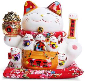 Chat porte-bonheur chinois en céramique blanche Feng Shui avec bras mobile Maneki Neko Chat porte-bonheur qui agite la patte L26xW22xH23CM, - Product Image 1