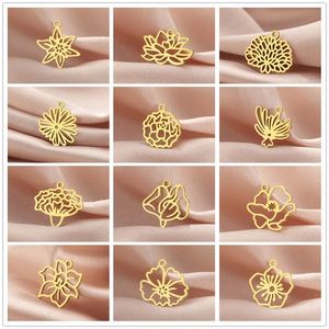 <span class=keywords><strong>Lot</strong></span> de 12 breloques en acier inoxydable, motifs fleurs du mois de <span class=keywords><strong>naissance</strong></span> (Aster, Violet, Œillet, Lotus, Pavot), pour la fabrication de bijoux DIY, vente en gros - Product Image 3
