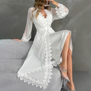 Wholesale Bridal Robes Dress 2 Pieces Set Satin Bridesmaid Wedding Mesh Sleeve White Silk Satin Robe Cardigan with Lace - Product Image 1