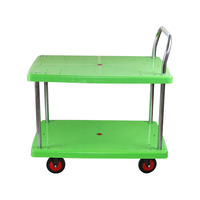 Chariot utilitaire en plastique à plateforme à 2 niveaux, à poignée unique, entièrement silencieux, vert, 48*72cm, charge 150kg, avec garde-corps, OEM, pour le transport d'outils