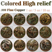 Pièce de monnaie en cuivre pur 999 de 1 oz, série dinosaures en relief, Tyrannosaurus Rex, couleur haute définition, édition collector UV