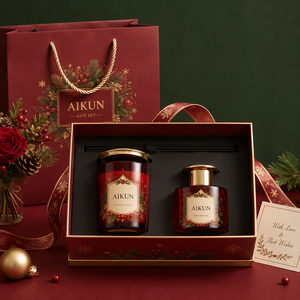 Aikun <b>Red</b> Glass Christmas Boxed Reed Diffuser and Scented <b>Candle</b> Gift Set with Black Reeds and Carry Bag for Corporate Gifts - Product Image 1