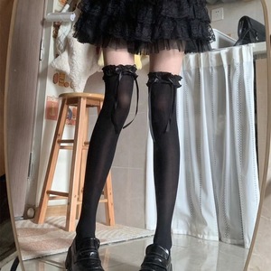 Lolita Over The <b>Knee</b> <b>Socks</b> Black Lace Bow Transparent Nylon Women Summer Elegant Style <b>High</b> Thigh Long <b>Socks</b> - Product Image 1