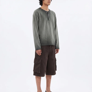 Garment Dyed Waffle Thermal Long Sleeve <b>Henley</b> <b>Shirt</b> Button Placket Vintage Washed Unisex Casual Basic Layer Streetwear Top - Product Image 3