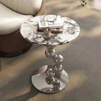 Moderner Runder Beistelltisch mit Marmorplatte Kreativer Couchtisch Spiralförmiger Silberner Metallkugel-Fuß Endtisch für Wohnzimmer Villa Hotel
