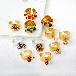 แหวนเปิดรูปทรงเรขาคณิตสแตนเลสสตีลประดับพู่และลูกปัด แหวนสำหรับทุกเพศ เหมาะสำหรับงานปาร์ตี้ - Product Image 1