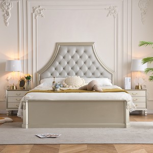 Muebles de Dormitorio, Cama Tapizada Estilo <span class=keywords><strong>Castillo</strong></span> Francés Color Champán, Cabecera de Cuero con Tachuelas Curvas, Base de Madera Sólida - Product Image 6