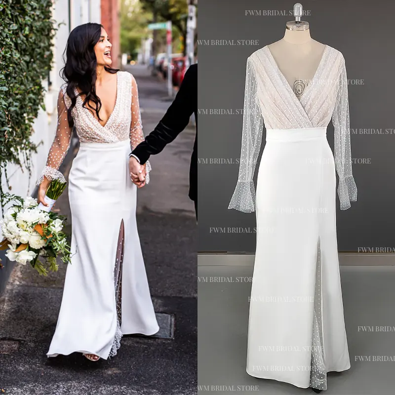 10060# Simple Illusion Lace V-neck Split Front Beach Wedding Clothes Bridal Gown Plus Size Women Engagement Party Evening Dress