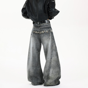 Vaqueros de estilo urbano con corte curvo y estampado decorativo en la cintura, lavado degradado para hombre - Product Image 5