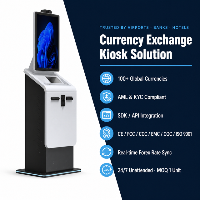 27 32 Inch Self Service Payment Kiosk Self Currency Note Acceptor Bill Exchange Machine with Passport Scanner Receipt Printer