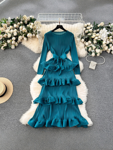 Abito Lungo da Sera <span class=keywords><strong>con</strong></span> Volant e Maniche Lunghe, Tessuto Solido, Vendita Calda del Produttore - Product Image 5