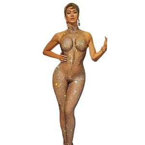 Rhinestone Pearl One Piece Bodysuit Stretch Skinny Dance Leotard Performance Costumes Mesh Jumpsuits For Women