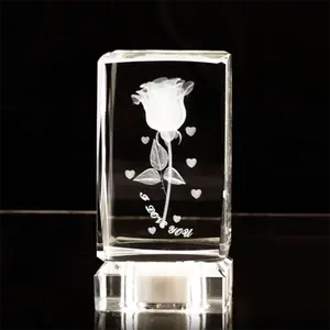 Nieuwe Ruwe Kristallen Glas Blok Groothandel 3D Laser Crystal Rose Cube & Blok Met Led Light Base