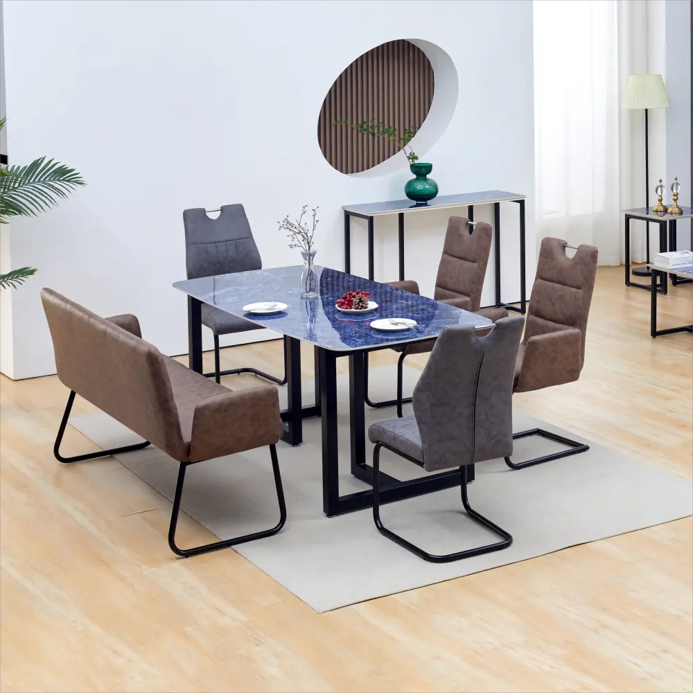 Ensemble table de salle à manger moderne et luxueuse 6 places pierre frittée italienne dessus en marbre cube de cuisine et 4 chaises