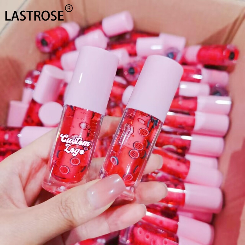 Rasa buah alami Vegan Lipgloss Lip Gloss Label pribadi pelembab stroberi merah muda bening semangka minyak pemadat bibir