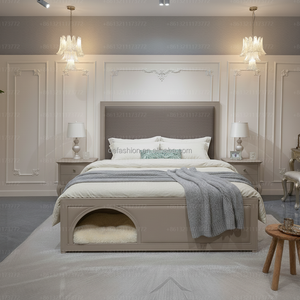 Lit capitonné en bois massif couleur champagne argenté de luxe OE FASHION avec lit pour animaux coulissant intégré, taille King, pour projet hôtelier 40HQ - Product Image 4