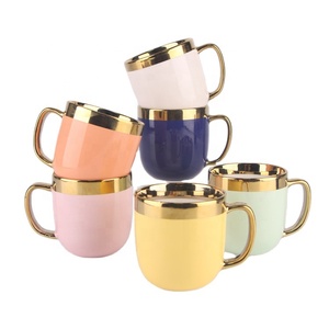 Ventes en gros de tasses à thé en céramique coréennes personnalisées, macarons, bord doré, tasse à lait en porcelaine, tasses à café en céramique avec poignée dorée - Product Image 1