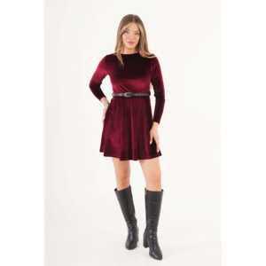 ชุดราตรีผ้ากำมะหยี่สีเบอร์กันดีทรงบาน พร้อมเข็มขัด คอสูง ผ่าสูง ทรงเอ็มไพร์ เหมาะสำหรับงานเลี้ยงอย่างเป็นทางการ ขายส่ง - Product Image 5