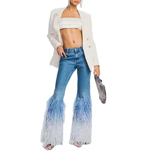 OEM Custom Logo Denim Women's Pants Trousers Mid Waist Casual Straight 100% Cotton Denim Feather Jeans For Women