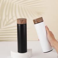 Set Botol Termos 500 ML dengan Tutup Bambu, Tumbler Air Stainless Steel dengan Dua Cangkir, Set Hadiah