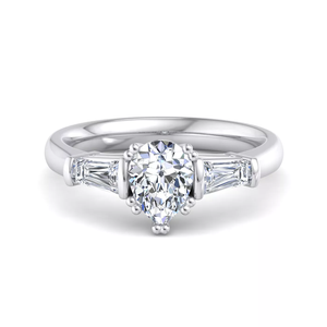 custom Timeless Vintage Three Stone Engagement <b>Ring</b>, Solid 18K White Gold Pear Cut Lab Diamond with Tapered Baguette Accents - Product Image 1