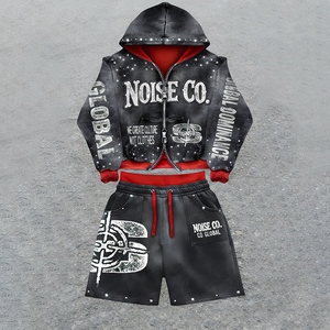 Custom Ripped Screen Print Logo Sportswear <b>Men's</b> Rhinestone Pullover Hoodie Shorts Set Distressed Hem Casual Sportswear - Product Image 5