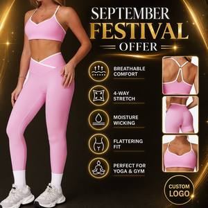 LUMIARA September Festival Offer Custom Logo Women's <b>Cross</b> Waist Yoga Set Print Quick Dry Contrast Trim Sport Bra Leggings - Product Image 2